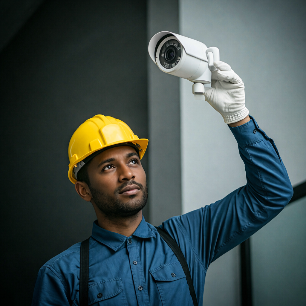 Technician installing high-tech security camera